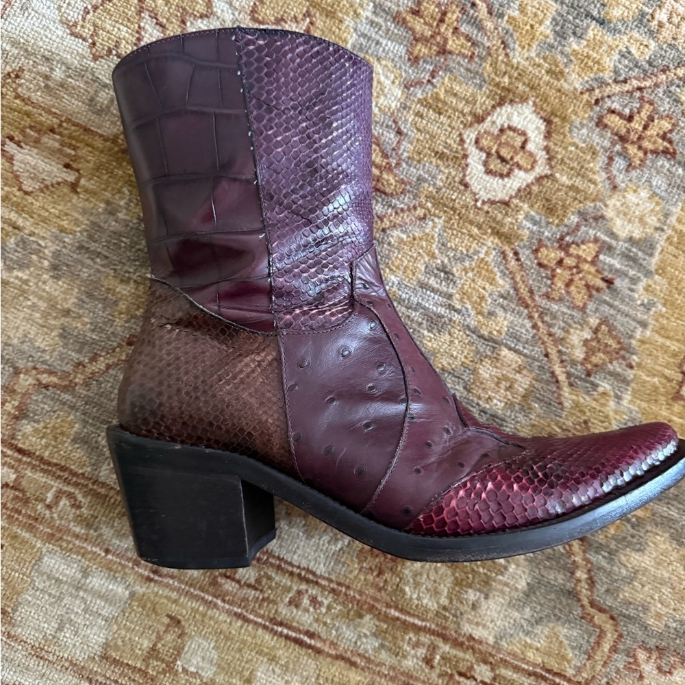 Leather/Snakeskin Vic Matie Purple and Black Heeled Boots with Mid-Calf Height